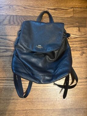 Coach Black Pebbled Leather Flap Backpack with Gold Logo